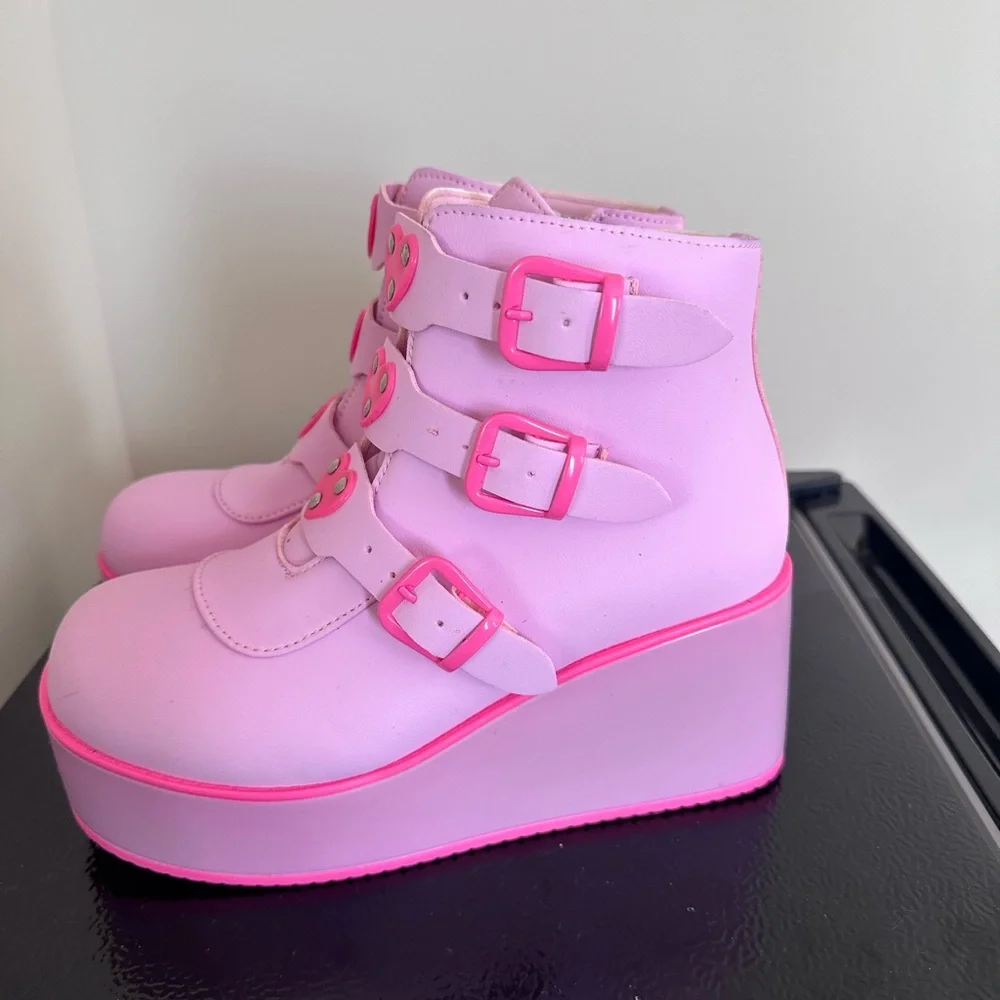 Pink Platform Wedge Ankle Boots with Heart Buckles